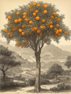 一棵高大的橙树，石版画风格，单色，粗线条，写实，细节丰富，中国画，橙色，绿色