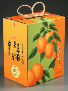 瓦楞箱，水果包装，手提礼盒，包装盒上有一棵高大的橙树，石版画风格，单色，细节丰富，中国画，橙色，绿色，明亮的黄色背景，产品广告