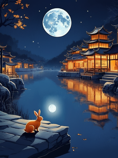 中国风格，漫画插图，夜景风格，深蓝色和琥珀色，插图，文化符号，浪漫的河景，满月下的一只兔子