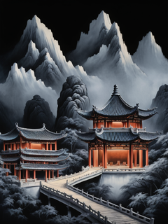 展览想象，中国风景，黑色背景。前景是四座交错高耸的中国山峰，其中有一座亭子，色彩干净优雅，灯光有两种色调，中国水墨，全景画