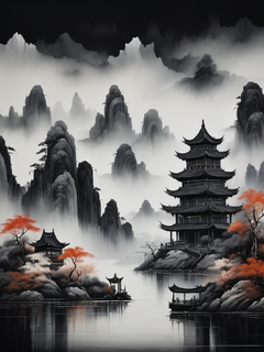 展览想象，中国风景，黑色背景。前景是四座交错高耸的中国山峰，其中有一座亭子，色彩干净优雅，灯光有两种色调，中国水墨，全景画
