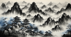 展览想象，中国风景，蓝黑色背景。前景是四座交错高耸的中国山峰，其中有一座亭子，色彩干净优雅，灯光有两种色调，中国水墨，全景画