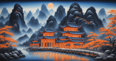 展览想象，中国风景，蓝黑色背景。前景是四座交错高耸的山峰，其中有一座亭子，色彩干净优雅，偷着暖橘色灯光，中国水墨，全景画