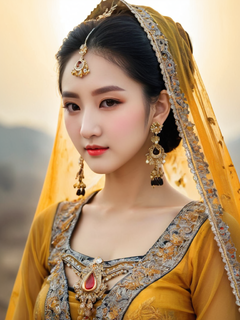 西域美女，饰以金纱布和精美配饰，真实的五官和阳光下的脸庞，艺术家Zhao风格的油画，极致的特写，穿着美丽精致的宽松金纱布材质的衣服跳舞，美丽的灯光，太阳光，极其美丽的面部细节和棕色的眼睛，飘逸的丝绸，精致的面纱，清晰的立体五官，朦胧感，纯色背景，32k，为艺术描绘增添悲伤和沉默，HUD