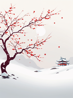 冬日雪景红梅图，中国风，有50%负空间的构图，极简矢量