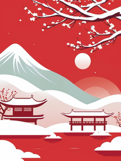 红色背景，冬日雪景，红梅图，中国风，左上角有70%的负空间，极简矢量