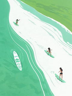 夏天，几个女孩在一条绿色的河流上冲浪，周围是巨大的白色线性海滩，海浪是复杂的线性彩色线条，天空中有鸟儿在飞翔。插图以平面风格绘制，带有彩色线条，以绿色为主要颜色。构图视角是鸟瞰图，以这种风格从天空俯瞰。64K