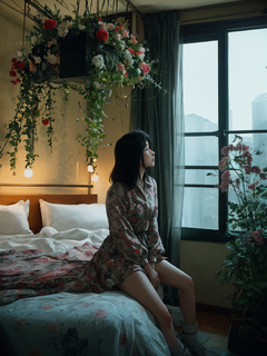 20岁香港女模特卧室鲜花盛开，半身拍摄，自然姿态风格，青春活力，凉爽，模拟电影，超级细节，梦幻Lofi摄影，色彩丰富，满是鲜花和藤蔓，室内视图，用富士胶片XT4拍摄