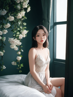 20岁香港女模特卧室鲜花盛开，半身拍摄，自然姿态风格，青春活力，凉爽，模拟电影，超级细节，梦幻Lofi摄影，色彩丰富，满是鲜花和藤蔓，室内视图，用富士胶片XT4拍摄
