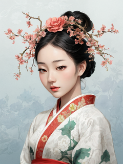 一位穿着东方风格的亚洲年轻女子的插图，采用陈艳君的风格，精致的植物描绘，可爱，多彩的梦想，32kuhd，精致的服装，宁静的脸庞