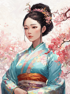 一位穿着东方风格的亚洲年轻女子的插图，采用陈艳君的风格，精致的植物描绘，可爱，多彩的梦想，32kuhd，精致的服装，宁静的脸庞