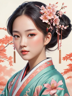 一位穿着东方风格的亚洲年轻女子的插图，采用陈艳君的风格，精致的植物描绘，可爱，多彩的梦想，32kuhd，精致的服装，宁静的脸庞，发光，温暖