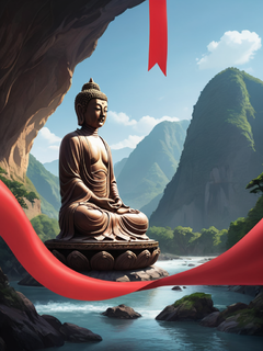海报设计、插图、一尊巨大的洞穴佛像、背靠群山、人工河、轮廓、运动场、空中飘起的红丝带、极低角度拍摄
