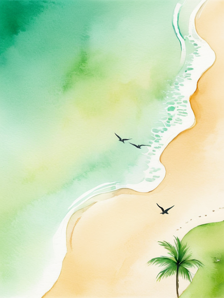 海鸥与绿色沙滩渐变水彩画
