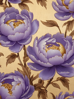 蓝牡丹花绘画艺术作品，浅紫色和金色风格，中国朋克，强烈特写，硬边绘画，工艺美术，特写，织物使用，国风，古画