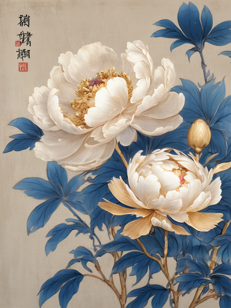 国风蓝牡丹艺术绘画作品