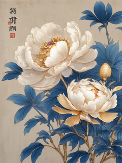 蓝牡丹花绘画艺术作品，古典，湛蓝和香槟金色，工笔画，国风，古画，描边，中式美学，花团锦簇