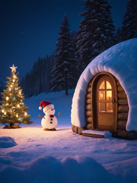 皮克斯风格雪人雪屋童话场景