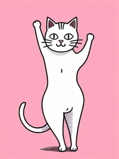 涂鸦，一只风情万种的猫，搞怪，大屁股，妖娆的动作，全身，粉色，黑色，白色背景，扁平，大胆的线条和纯色，夏普插图，Face Shot，极简主义