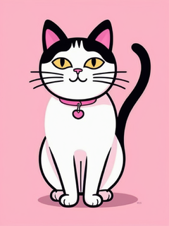 涂鸦，一只风情万种的猫，搞怪，大屁股，妖娆的动作，全身，粉色，黑色，白色背景，扁平，大胆的线条和纯色，夏普插图，Face Shot，极简主义