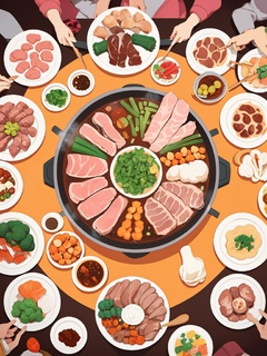 热气腾腾的火锅，摆满了各种肉类蔬菜涮菜，三五五好友围坐，俯拍角度，卡通插画，营造轻松自在的气氛，矢量插图