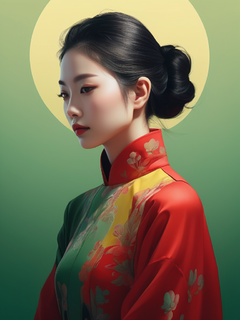插图，极简主义，一个穿着新中式连衣裙的女人，近景，梦幻般的画面，微妙的渐变，平静的和谐，负空间的优雅使用，平面设计启发的插图，红色、绿色、黑色、黄色