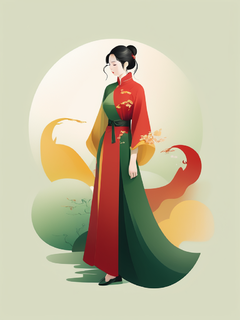插图，极简主义，一个穿着新中式连衣裙的女子，梦幻般的画面，微妙的渐变，平静的和谐，平面设计启发的插图，红色、绿色、黄色
