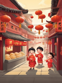过年的气氛，糖葫芦，包子铺，酒馆，卡通插画，古风，一群小孩玩耍，石板街，极简，矢量插画