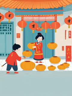 过年的气氛，糖葫芦，卡通插画，古风，一群小孩玩耍，石板街，极简，矢量插画