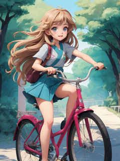 一头蓬松的卷发长发，小女孩，青春洋溢，纯色背景，骑自行车，远景