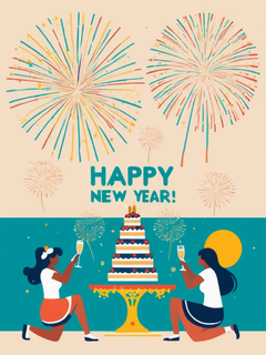 五颜六色的烟花，香槟，蛋糕，祈祷的人们，2025，新年快乐，喜庆，跨年夜，动漫插画