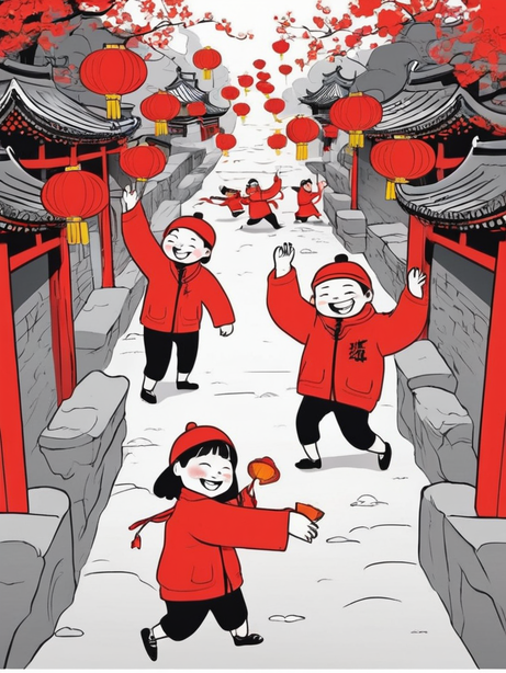 新年场景嬉戏的孩童极简插画