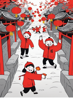 新中式插画，新年热闹的场景，红色主色调，喧嚣的感觉