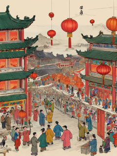 徽宗风格，新中式插画，新年热闹的场景，喧嚣的感觉，中国新年，张灯结彩，喜气洋洋