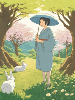 春天的景象，宫崎骏画风，日系漫画，治愈