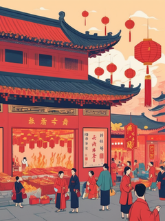 古代插画，过年的氛围，红色主色调，热闹的集市，鞭炮，中式美学