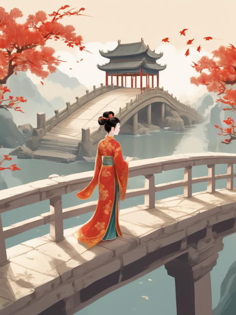 古代插画风格桥上的女子背影