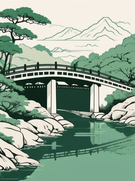 古风廊桥绿色矢量插图