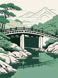 古代插画，中式美学，廊桥，绿色，矢量，国风