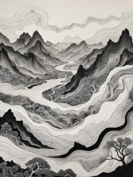 流动的黑色水墨山谷丘陵
