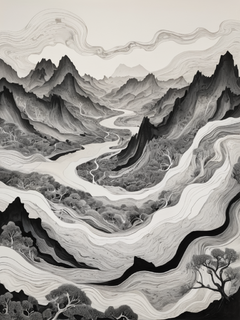 流动的黑色水墨与矿物礁石碰撞，形成丘陵和山谷的重叠轮廓，波浪形成类似于树木和山脉的抽象形状,大理石纹理，等高线，轮廓线，黑白线条重叠交织的丘陵和山谷，中国留白艺术，视错觉细节，对比构图，梦幻般的现实主义