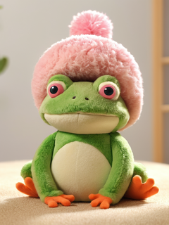 毛绒玩具，卡通公仔形象，3d逼真模型，自然光，蓬松的毛发，胖乎乎的脸，青蛙帽，软绵绵质感