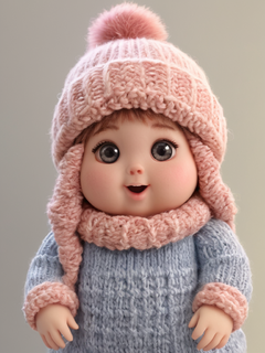 毛绒玩具，卡通公仔形象，3d逼真模型，自然光，蓬松的毛发，胖乎乎，戴着针织帽，软绵绵质感