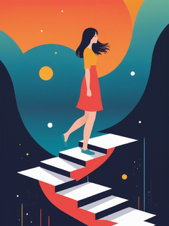 这是一本彩色书封面插图，倾斜移位视角，极简主义，女孩站在空间扭曲和怪异的台阶上，象征着坚定的信仰、日本美学、宏观视角、超现实的梦想、循环、享受安静的环境，象征着女性成长、曲线扩散、曲线平滑连接、毛细现象、毛细效应