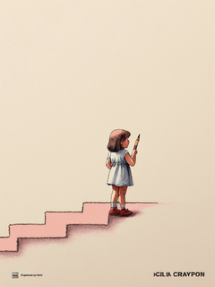 这是一本封面蜡笔插图，移轴透视，倾斜移位视角，极简主义，浅色，站在延伸的的台阶上站着一个小女孩，宏观视角、毛细效应，点画质感
