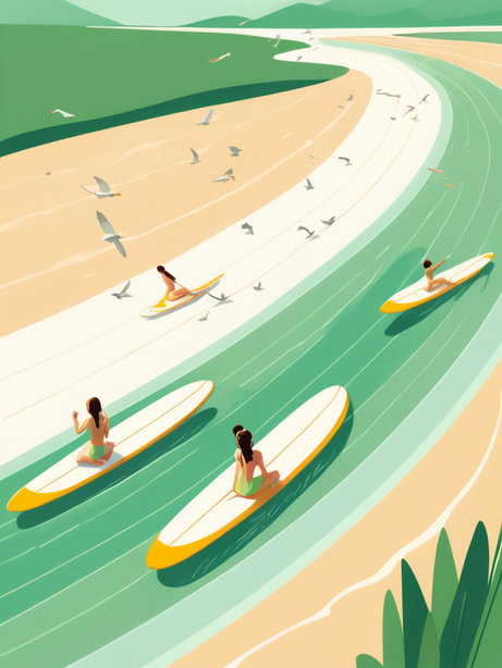 海滩冲浪绿色平面线性插画