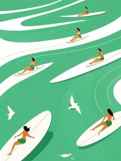 夏天，几个女孩在一条绿色的河流上冲浪，周围是巨大的白色线性海滩，海浪是复杂的线性彩色线条，天空中有鸟儿在飞翔。插图以平面风格绘制，带有彩色线条，以绿色为主要颜色。构图视角是鸟瞰图。