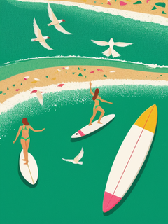 夏天，几个女孩在一条绿色的河流上冲浪，周围是巨大的白色线性海滩，海浪是复杂的线性彩色线条，天空中有鸟儿在飞翔。插图以平面风格绘制，带有彩色线条，以绿色为主要颜色。构图视角是鸟瞰图。
