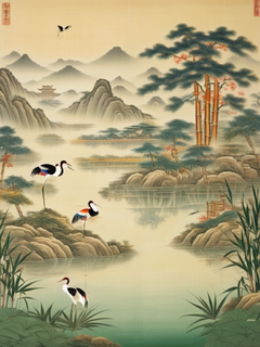 荷花池、景泰蓝、竹子、鹤、丰富的自然风光、细致的绘画、国风、新中式，丰富的细节、山水画、植物、山丘、池塘、对称构图、极简主义