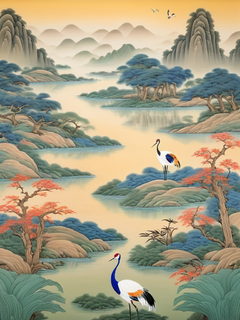 荷花池、鹤、丰富的自然风光、春夏配色，景泰蓝，细致的绘画、国风、新中式，丰富的细节、山水画、植物、山丘、池塘、对称构图、极简主义